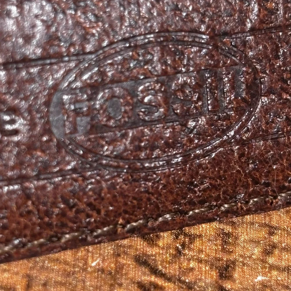 VTG Fossil Belt Womens Large Brown Leather 2-Tone Silver Brass Buckle Band